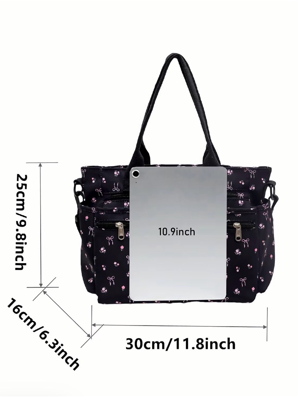 Women's Black Tote Bag with Pink Floral & Bow Print - Picture 2 of 3